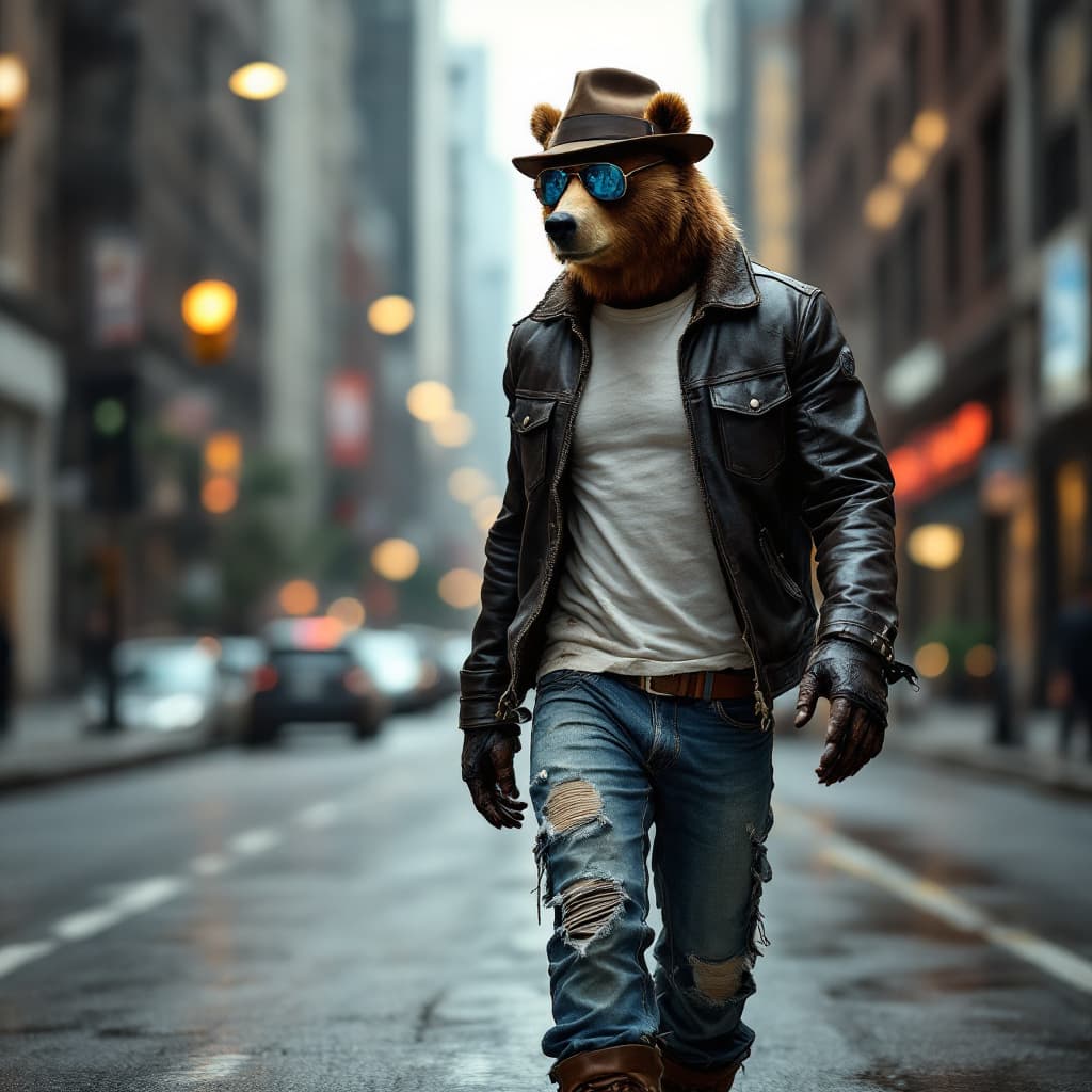 AI generated: A medium shot picture of a thin brown grizzly bear strides confidently through urban streets, wearin...