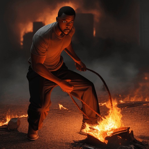 AI generated: a black man holding a rope on Fire