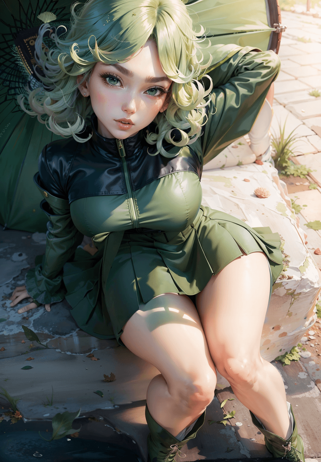 AI generated: ((best quality)), ((masterpiece)), ((realistic)), ((stunning tatsumaki)) short skirt, green jacket, ...