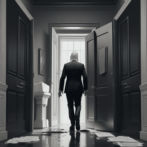 AI generated: back of biden walking away through door  hand raised waving hand blood dripping from hand and toilet...