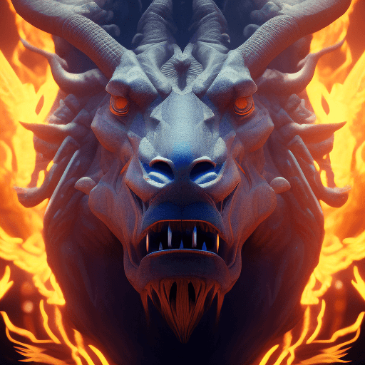 AI generated: creature close-up portrait angle, full-length portrait, 4 heads in one, lion head, human head, ox he...