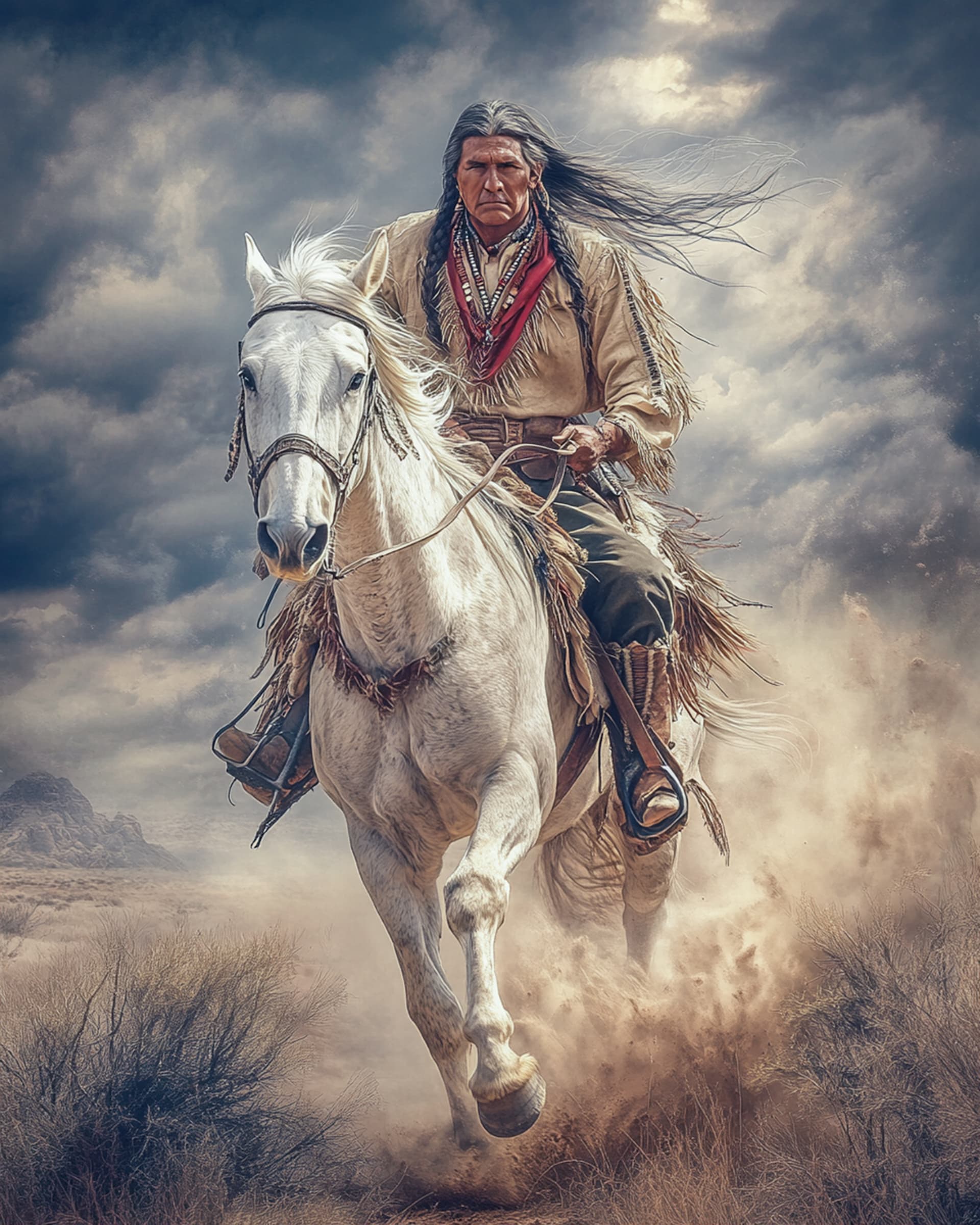 AI generated: Prompt: man riding a horse in the desert, in the style of idealized native American's, realism with ...