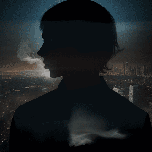 AI generated: double exposure image of a human transparent smoke shape. in the background city skyline cinematic l...