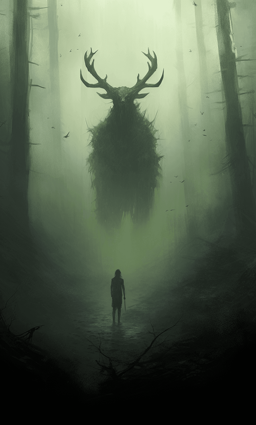AI generated: a huge demon coming out of the forest, red luminous eyes, fog, gloomy, wet green grass, early mornin...