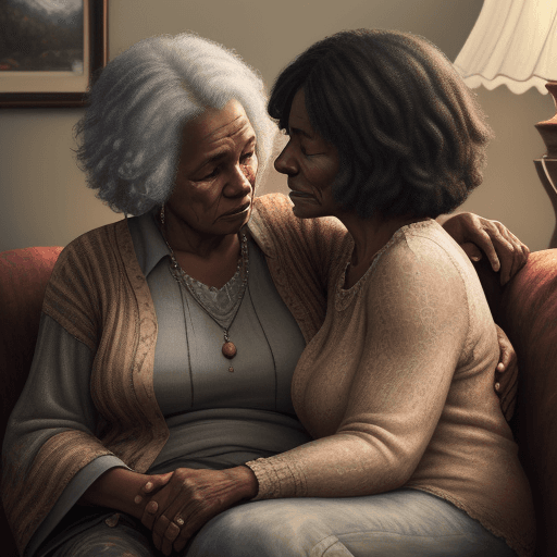 AI generated: Black old woman, 70s, seated on a cosy couch, 25-year-old daughter, whispering, intimate moment, rea...