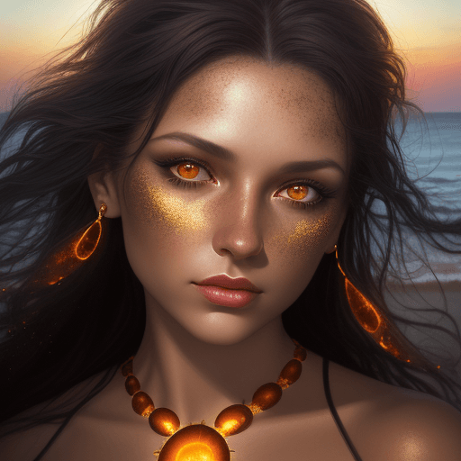 AI generated: close-up photo of a woman, in the style of igor zenin, dark amber and gold, beach portraits, ultra-r...