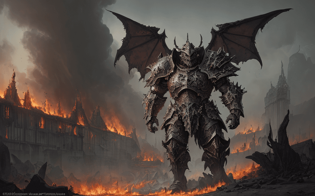 AI generated: a heavily armored Warhammer chaos warrior, by Thomas Cole and Wayne Barlowe, highly details, high co...