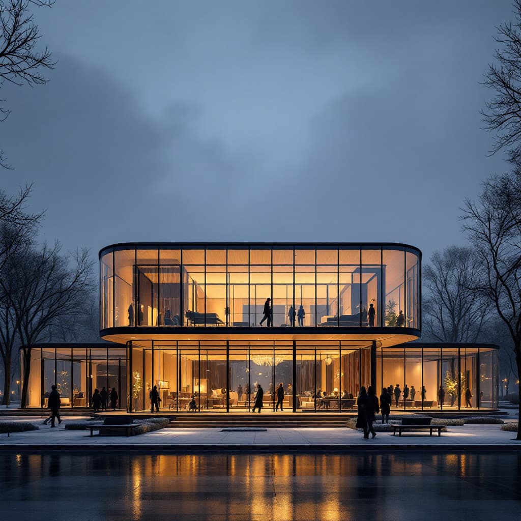 AI generated: normal architecture, contemporary loft design, symmetrical curved structure, panoramic view, archite...