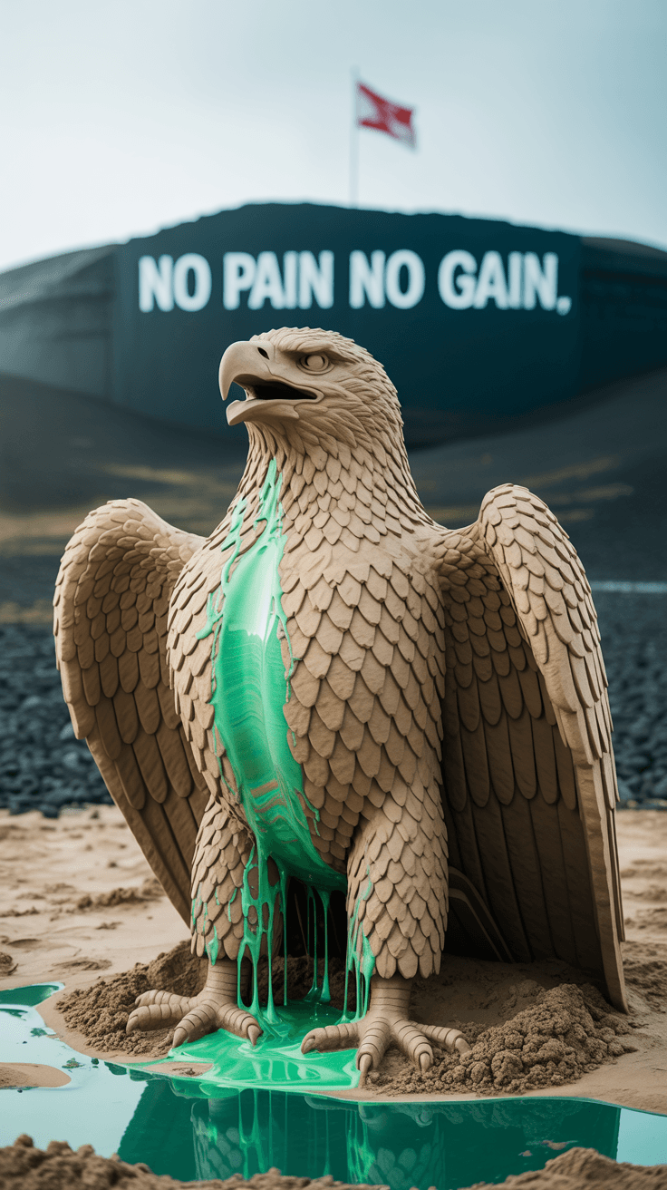 AI generated: An eagle statue made of sand and holographic green liquid,eagle looks angry,the shape of the eagle i...