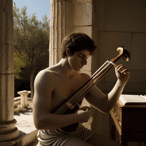 AI generated: Orpheus playing his lire, greek mythology style, daylight, indirect lighting, 