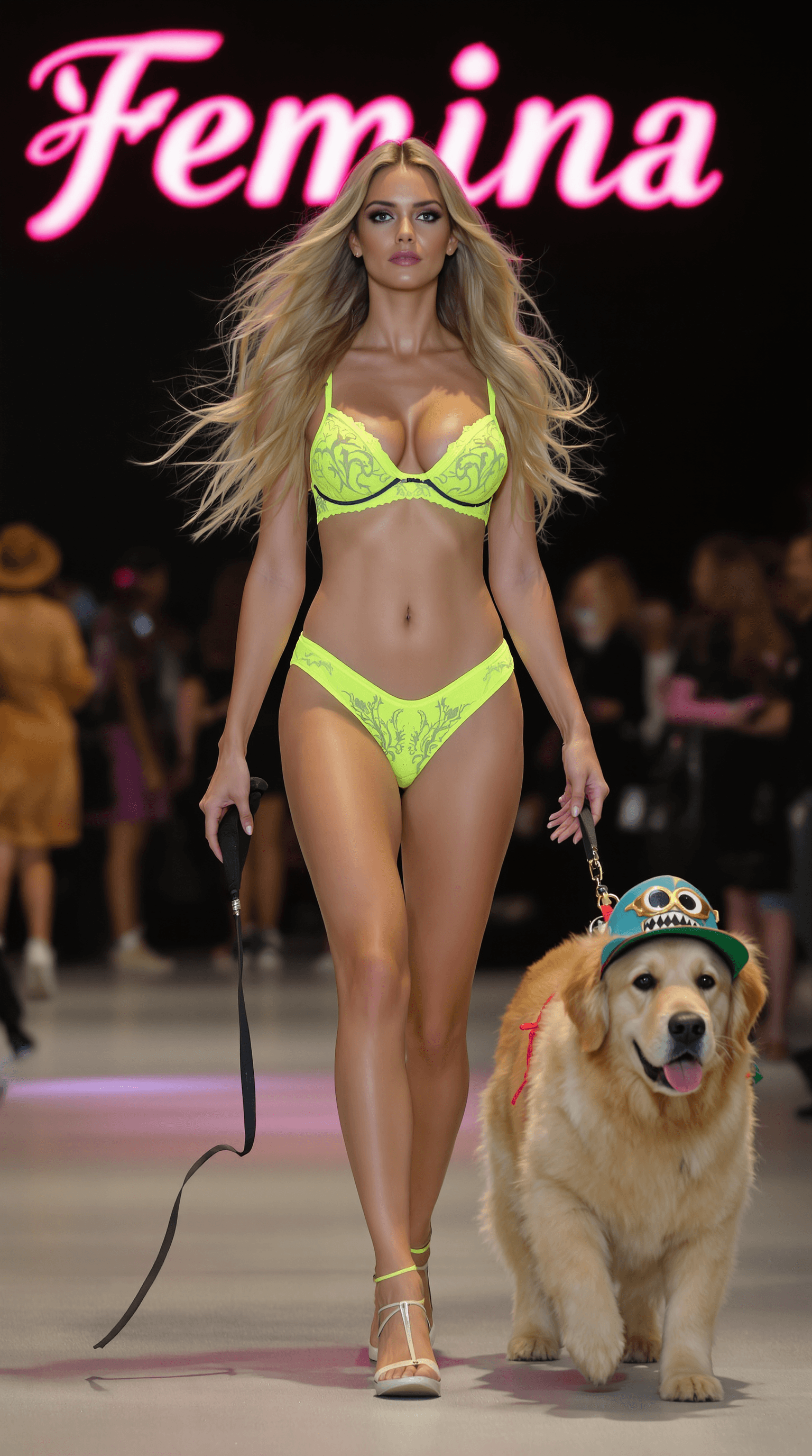AI generated: A highly attractive Swedish  supermodel with long flowing blonde hair leads a pet Golden Retriever o...