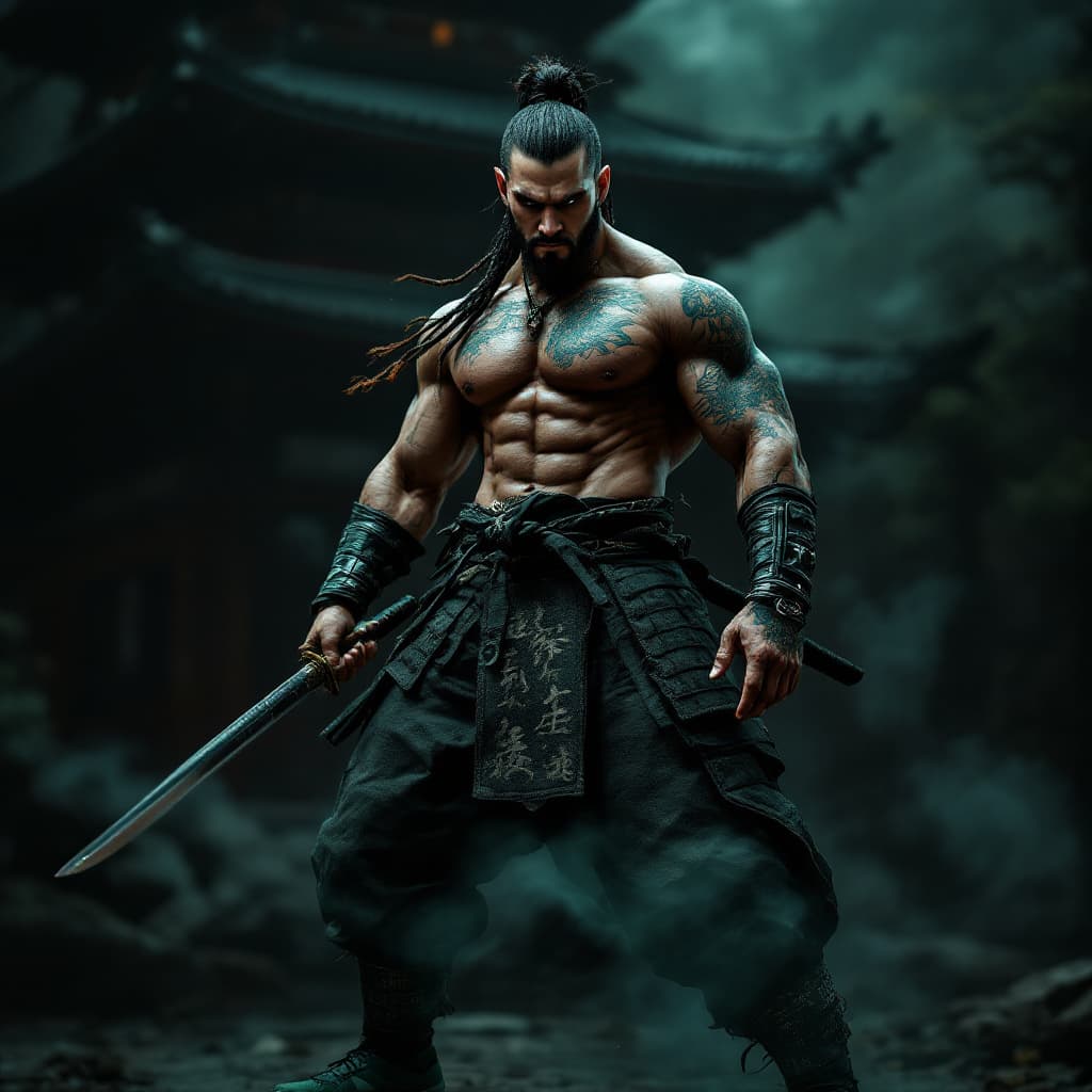 AI generated: samurai, epic professional photo fullbody, shoot, standing, tatto, muscular, katanawith kanji, green...