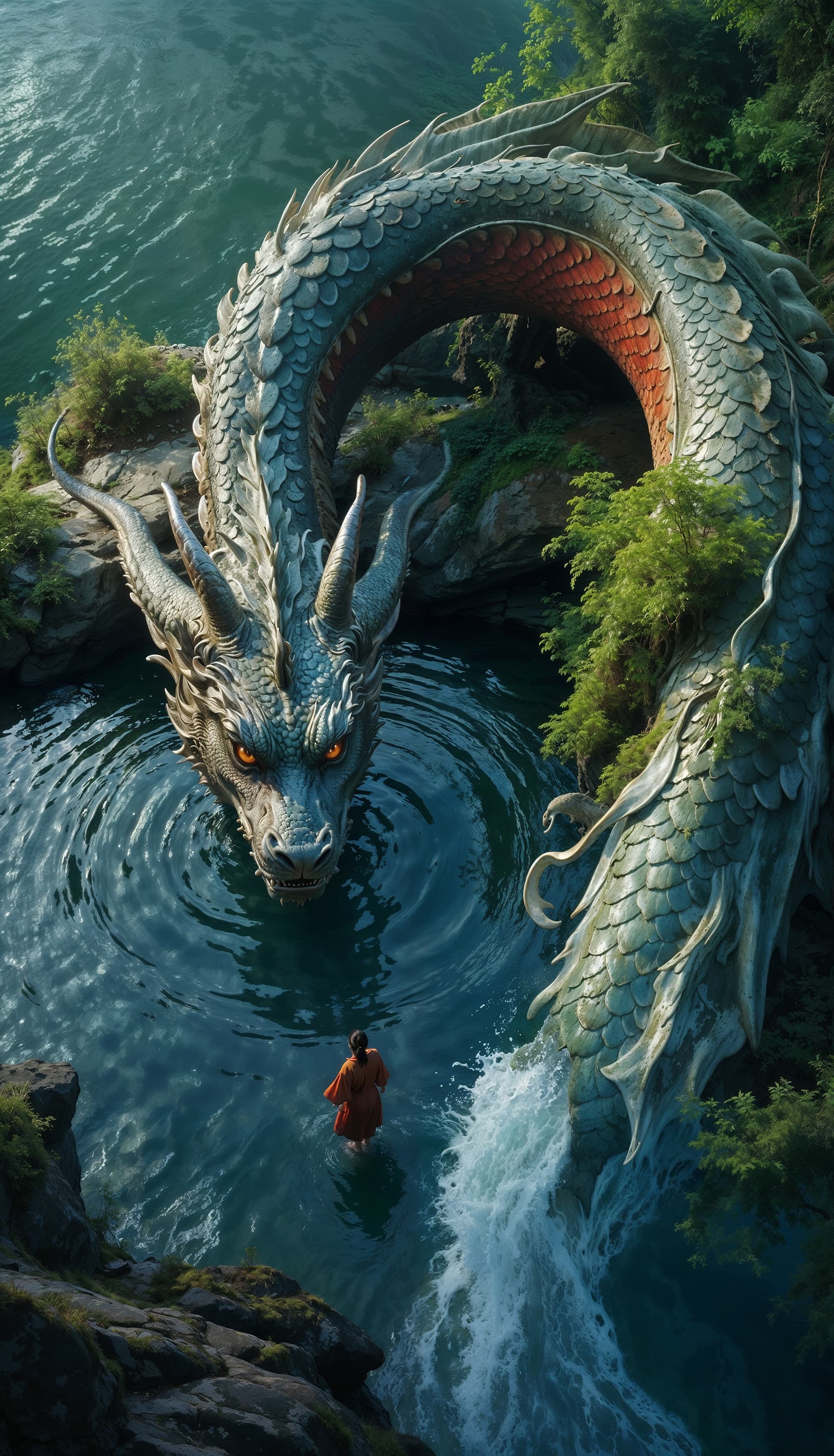AI generated: a full wide photo shot of a person standing in the water next to a Chinese dragon, in the style of f...