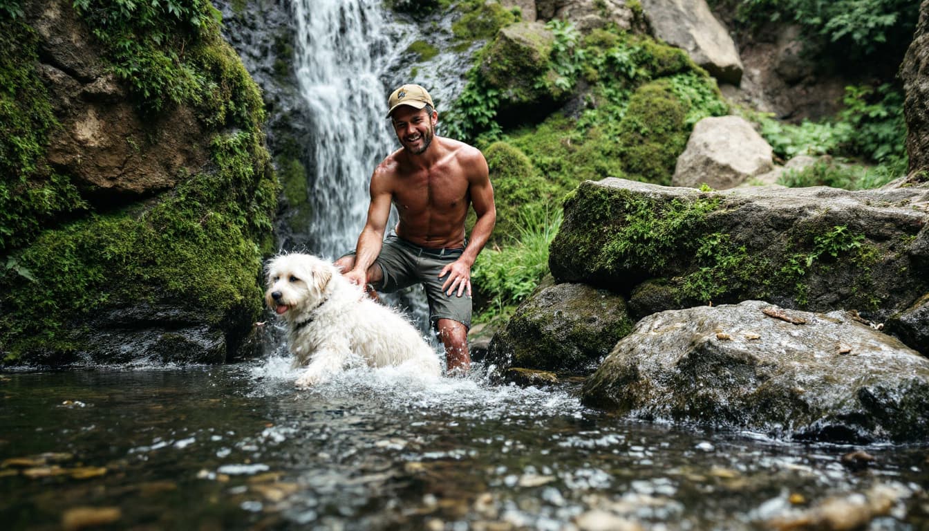 AI generated: A man in waterfall with pet