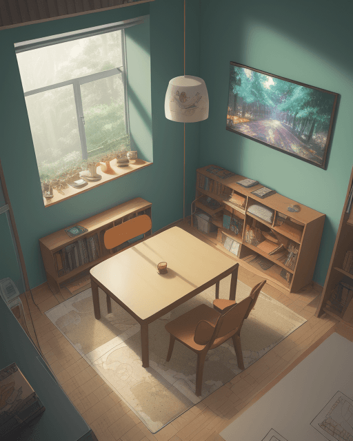 AI generated: anime illustration small apartment with simple furnitures in the morning with background forest, ani...