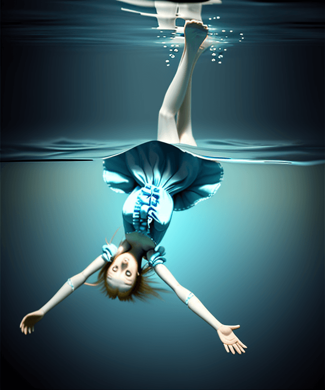 AI generated: alice  floating horizontally under water.
realistic and not creepy
 one arm pointing towards the sur...