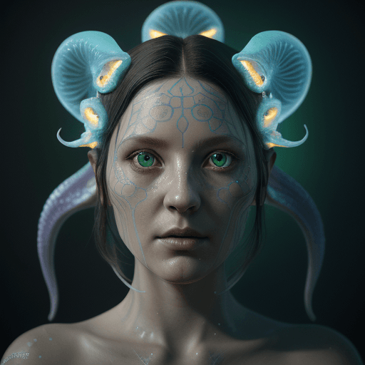 AI generated: Goddess close-up portrait ribcagel. jellyfish phoenix head, nautilus, orchid, skull, betta fish, bio...