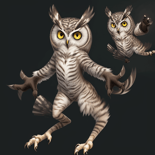 AI generated: part owl, part cat, owl cat, creature, cute, concept art, anime, 2D, painting, portrait, full body i...
