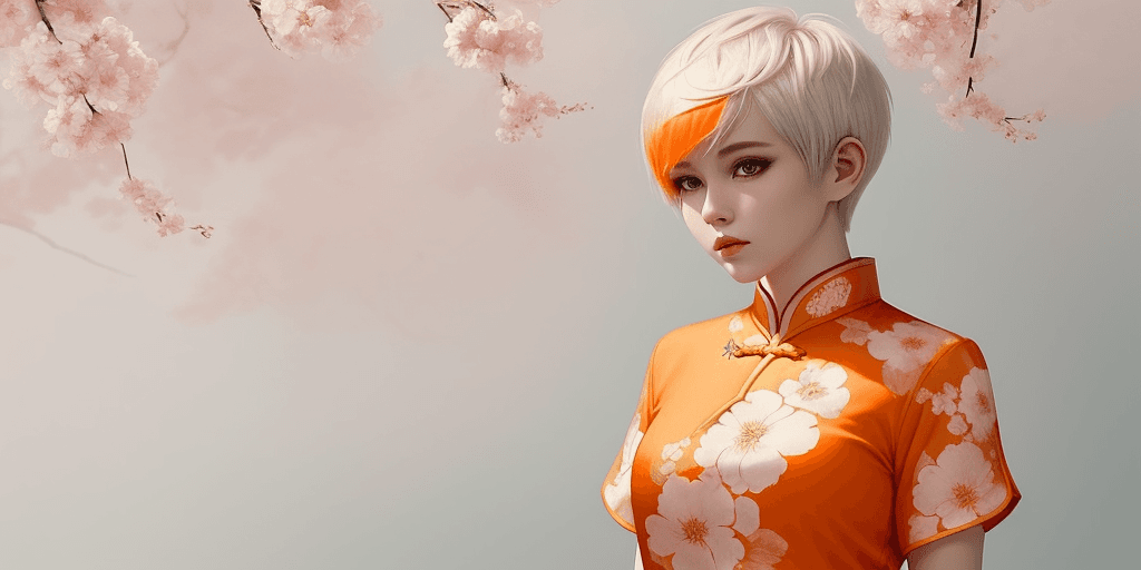 AI generated: chinese orange blouse, pixie cut, (white short hair), in the style of dreamy and romantic compositio...