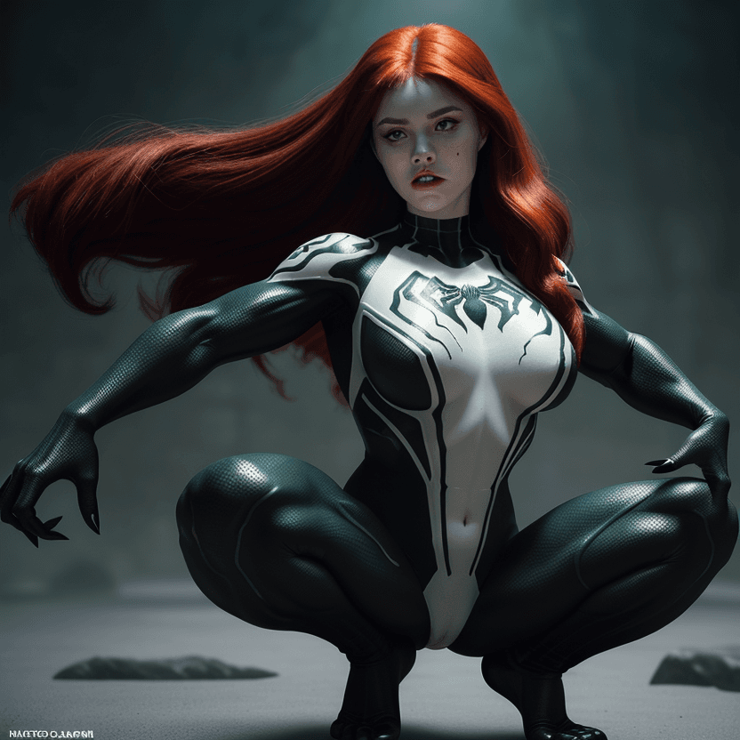 AI generated: Mary Jane Watson as a huge bodybuilder transwoman wearing her black with white symbiote symbol Spide...