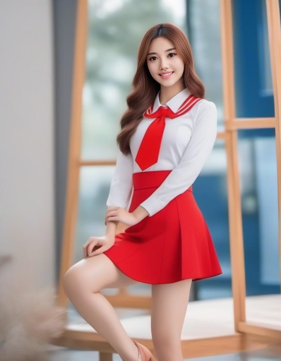 AI generated: girl blondie blue eyes body curved uniform school long legs curved high heels red