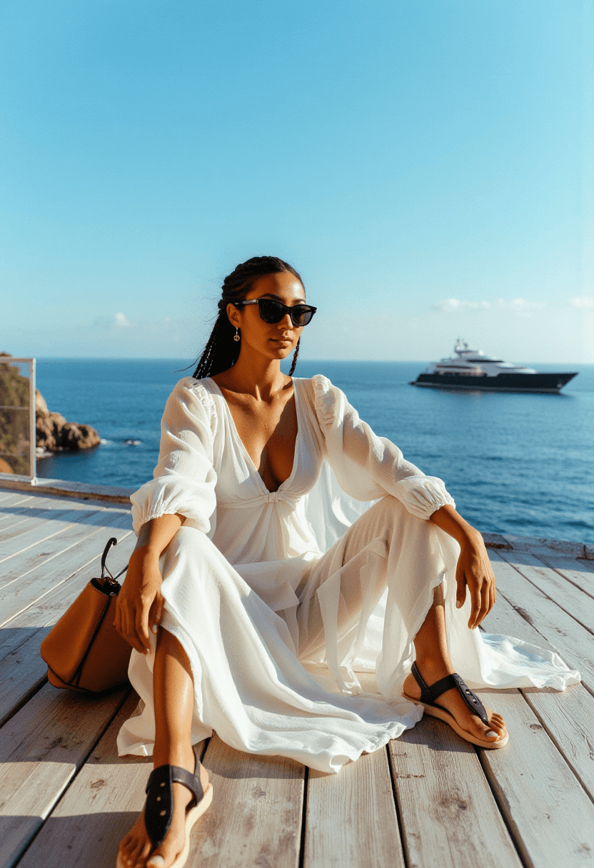 AI generated: A serene, sun-kissed woman with dark, smooth skin and hair styled in French braids, sits open-legged...