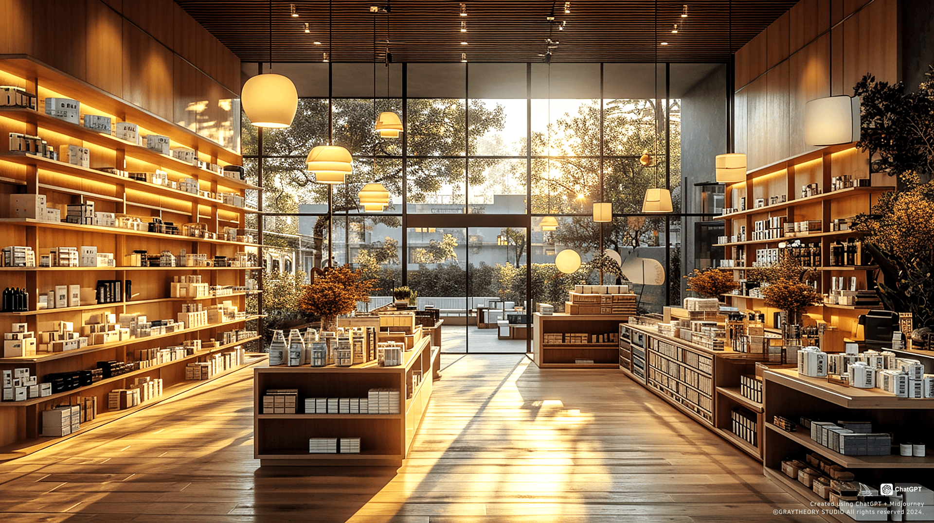 AI generated: Boutique retail shop with a wide angle, Vitra shelves, Louis Poulsen PH5 pendant lamps, Sony A7R IV,...