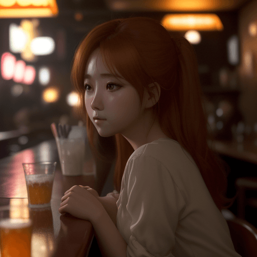 AI generated: girl in the bar looking away, in the style of hallyu, soft, romantic scenes, zeiss batis 18mm f/2.8,...