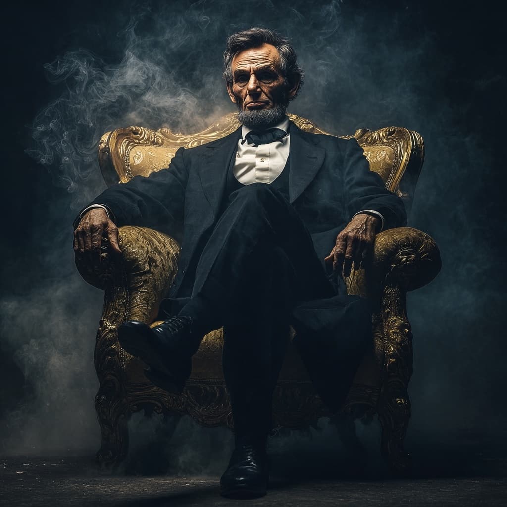 AI generated: A male, middle-aged Caucasian man embodying Abraham Lincoln sits with solemn authority in a plush, o...