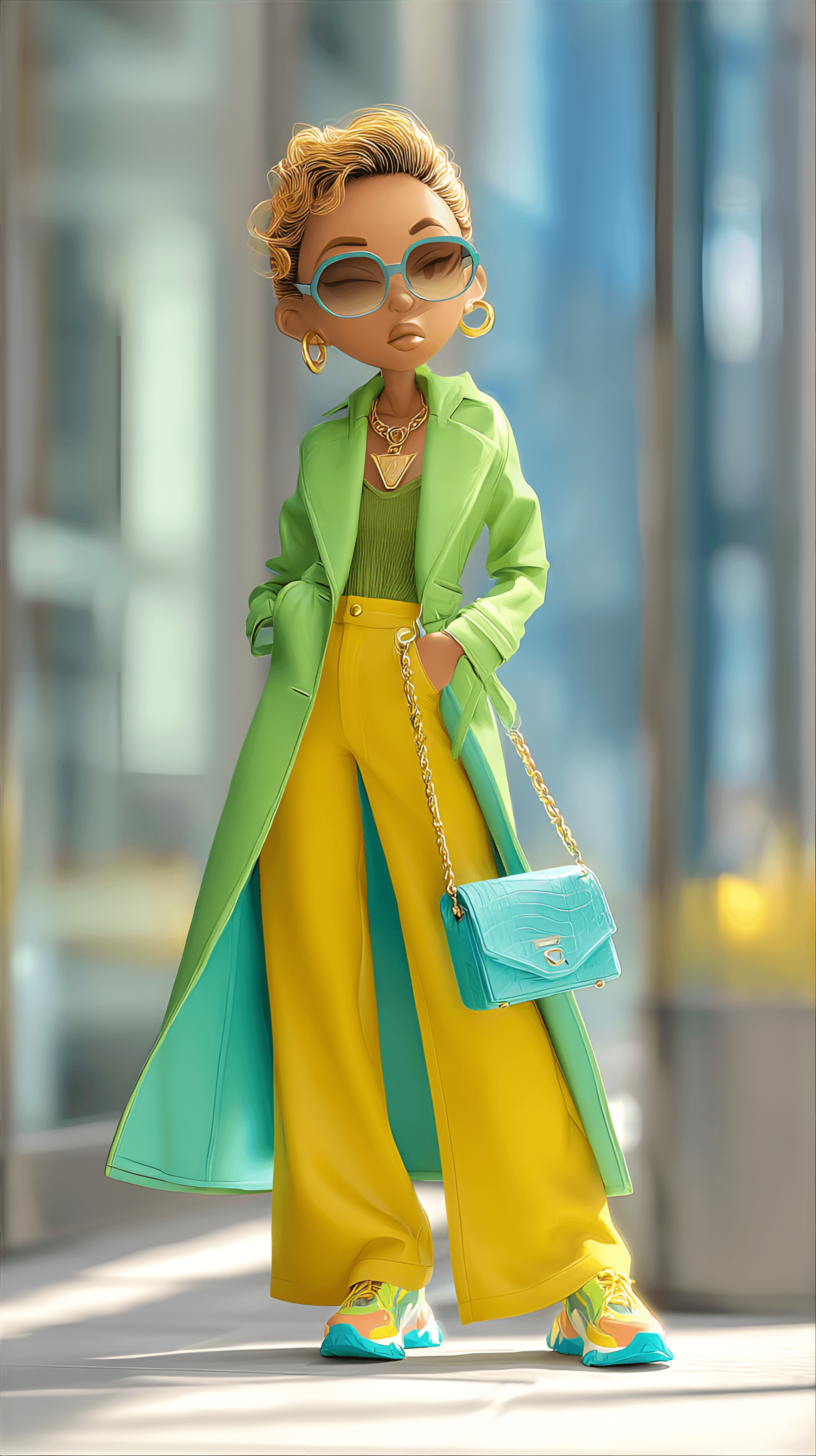AI generated: cute caricature chibi, vibrant chibi fashionista, standing confidently in urban setting, the vibrant...