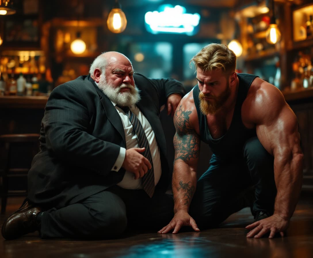 AI generated: high-resolution photo of a fat old man wearing suit and tie,
an extremely muscular, handsome young m...