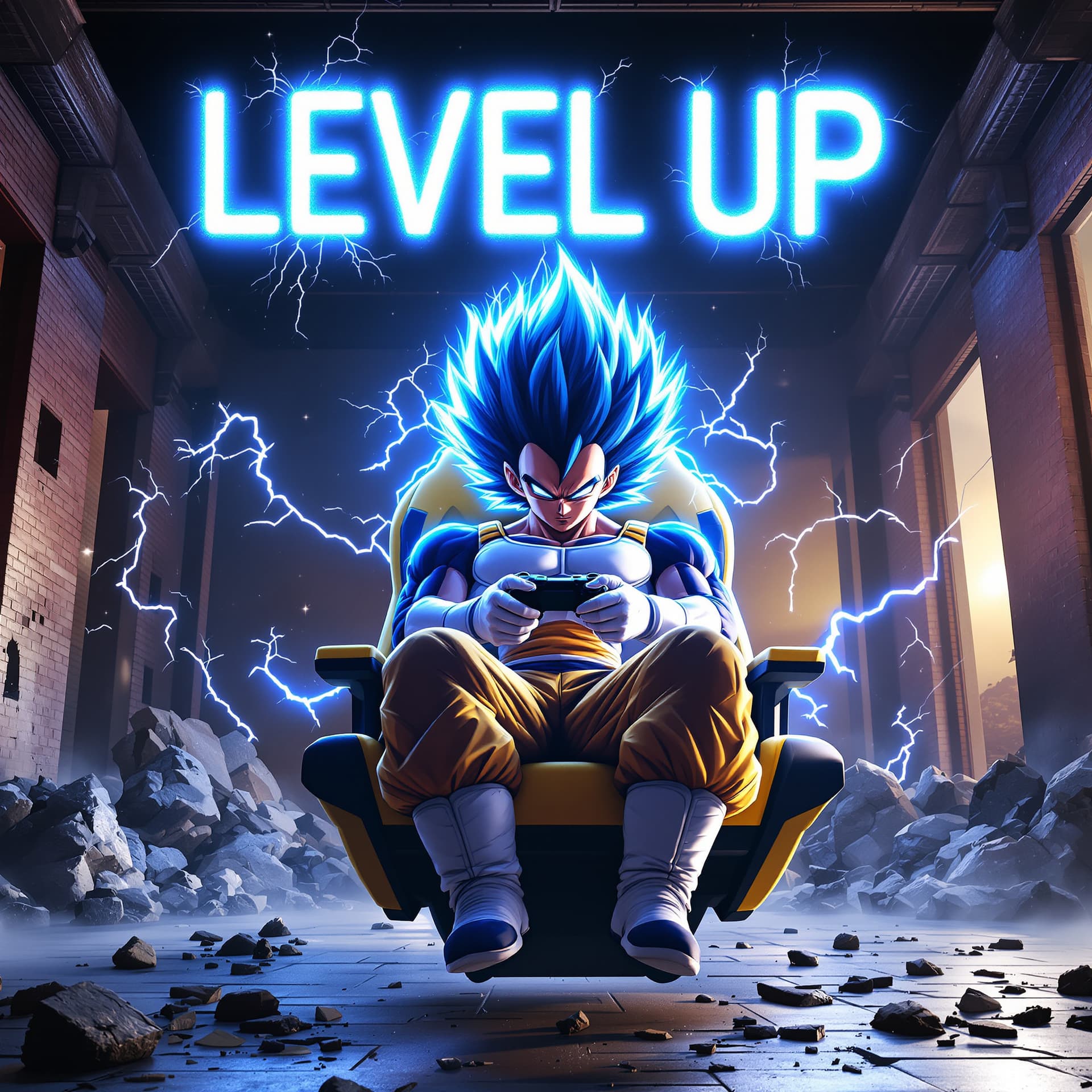 AI generated: full figure front view of super saiyan vegeta with the saiyan level 4 hair is fully powered up in a ...