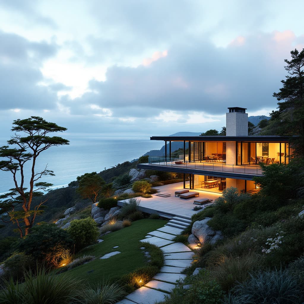 AI generated: Hyper realistic eye level exterior photo of a mid century modern style house overlooking the ocean, ...