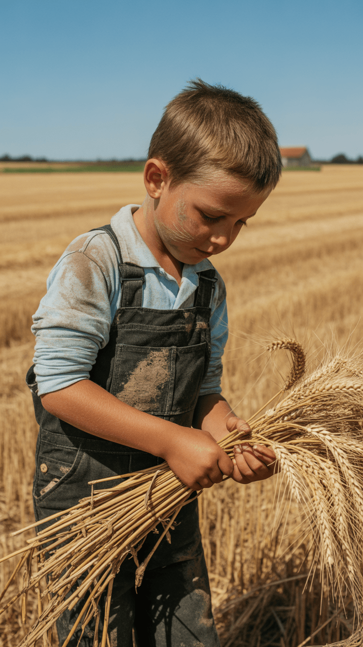 AI generated: A kid working in hot sun, farming, his clothes have stains of mud