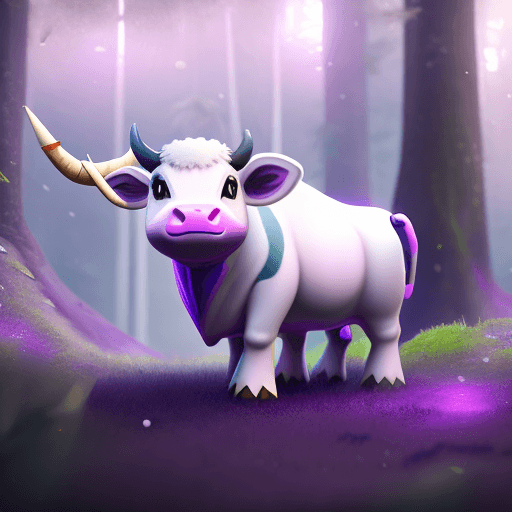 AI generated: white with purple cow, Masterpiece, (((cute pokemon))), solo, Kawaii, sitting in mystical forest, fu...
