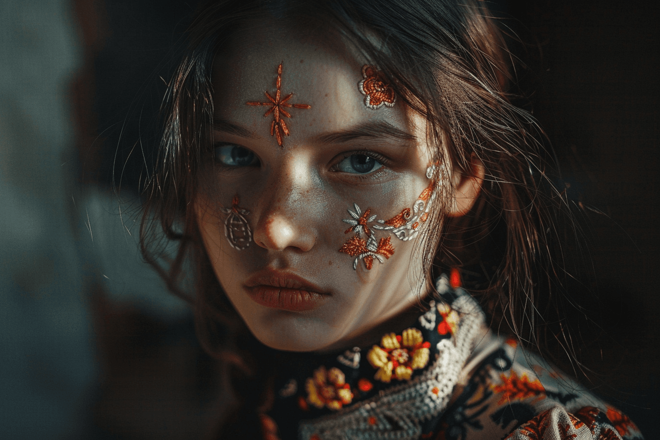 AI generated: Embroidery on the face of a girl in the style of Galician painting, Ukrainian farm dawns of the 19th...