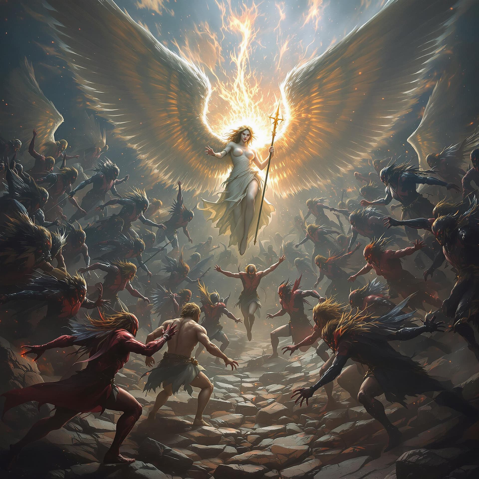 AI generated: Demons surrounding and fighting with angels, epic battle, cinematic, ultra photorealistic 