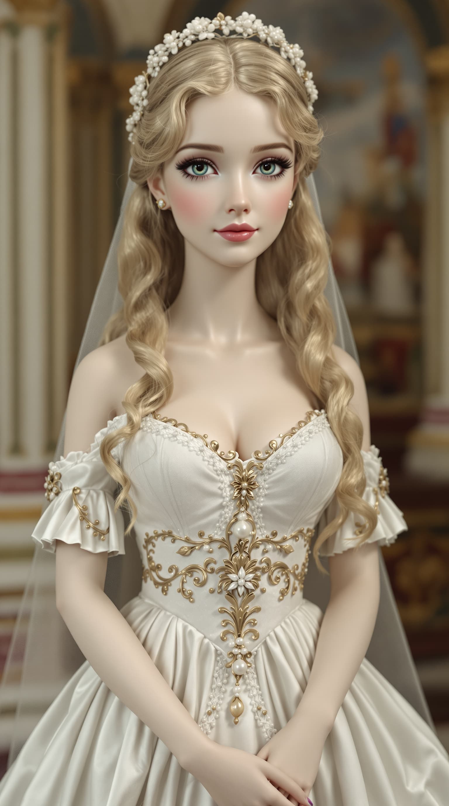 AI generated: A professional photograph showcases the most stunning antique porcelain figurine of Princess Charlot...