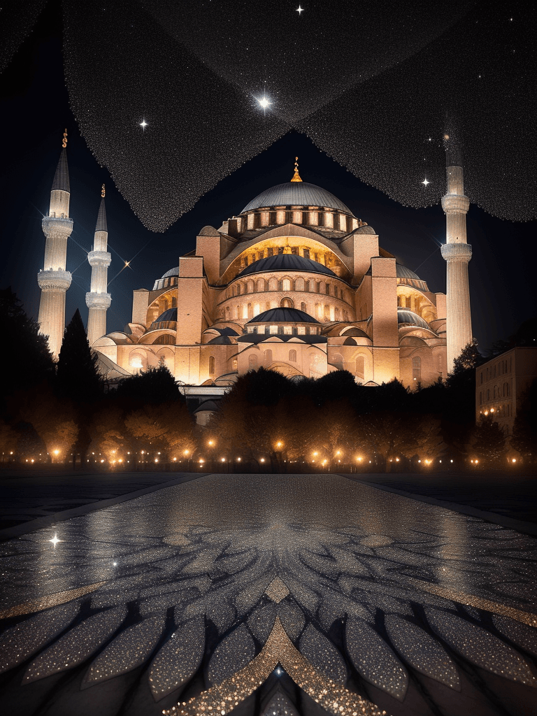 AI generated: (Hagia sophia in istanbul, Shining light in the dark night, The area around the Hagia Sophia glitter...