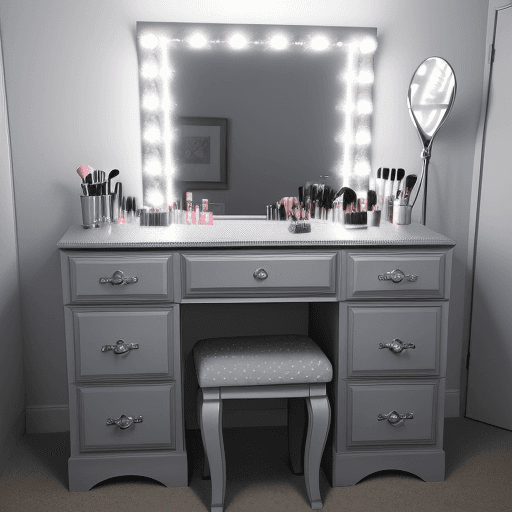 AI generated: A super realistic grey glittery dresser with storage for makeup, hair tools and daily Skincare produ...
