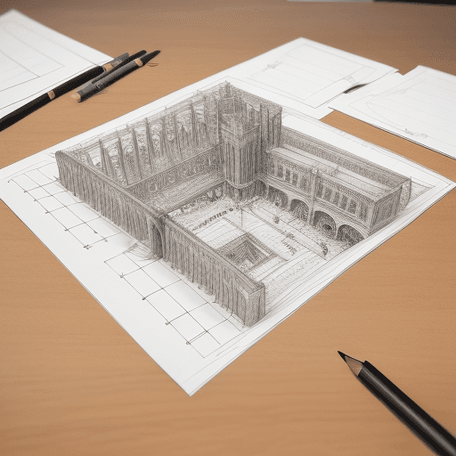 AI generated: A tall image depicting a hand-drawn architectural plan of a large scale event, meticulously sketched...