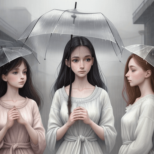 AI generated: Three delicate intertwined humanoid figures, painted in watercolor, multiple lines delimiting multip...