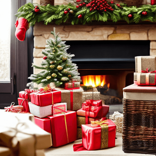 AI generated: Create a cozy, inviting scene featuring a black wicker basket overflowing with beautifully wrapped C...