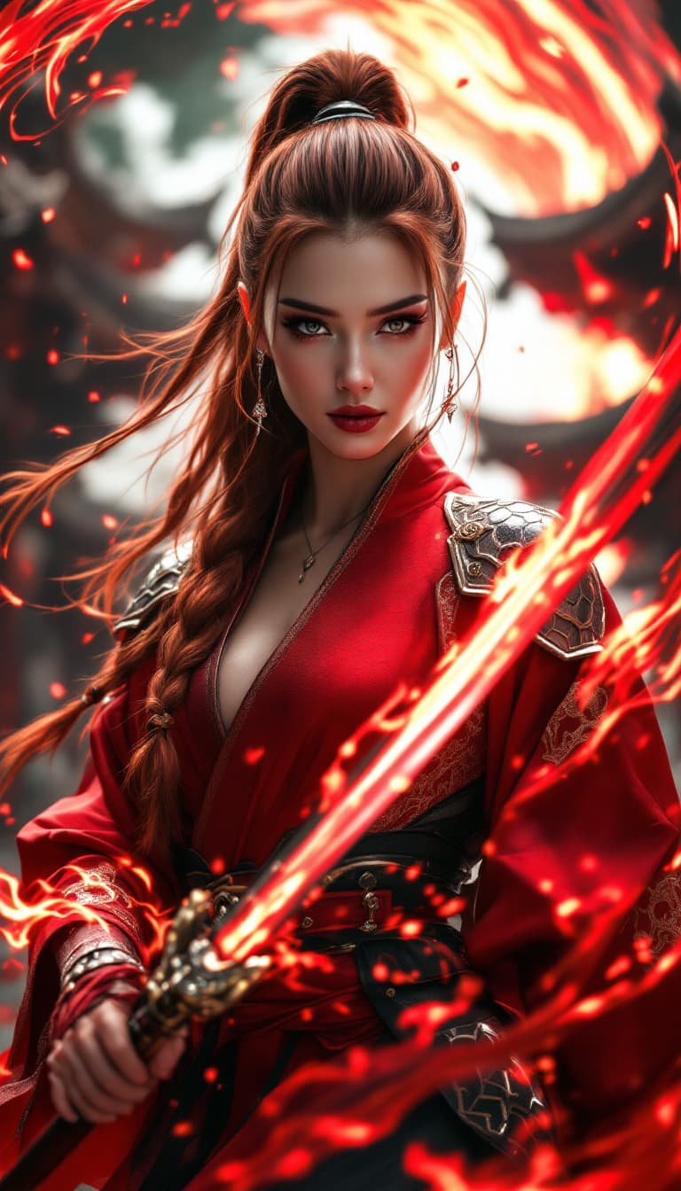 AI generated: An ultra-realistic, full-body action shot of an awe-inspiring red samurai woman, radiating strength ...