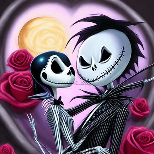AI generated: **The Nightmare Before Valentines Day, Jack Skellington and Sally showing affection, glowing hearts,...