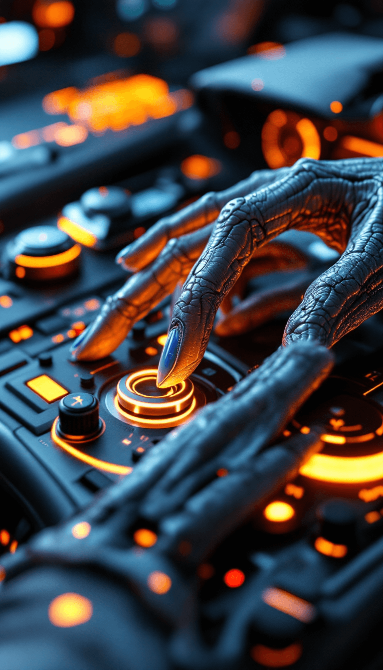 AI generated:  extreme closeup of an alien's hand elegantly navigating the futuristic dashboard of a super car. Th...