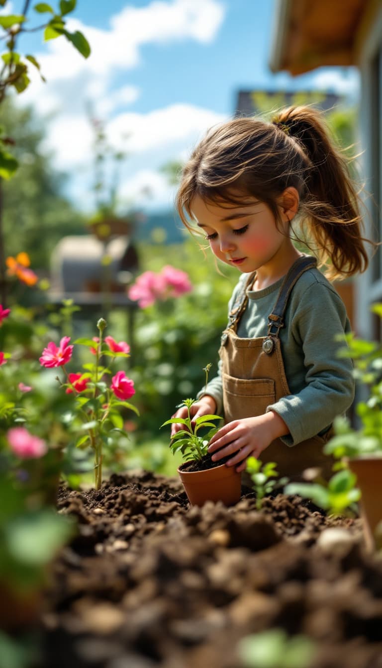 AI generated: a close-up of Emily planting the little pot outside in her garden. She stands back, sighing.