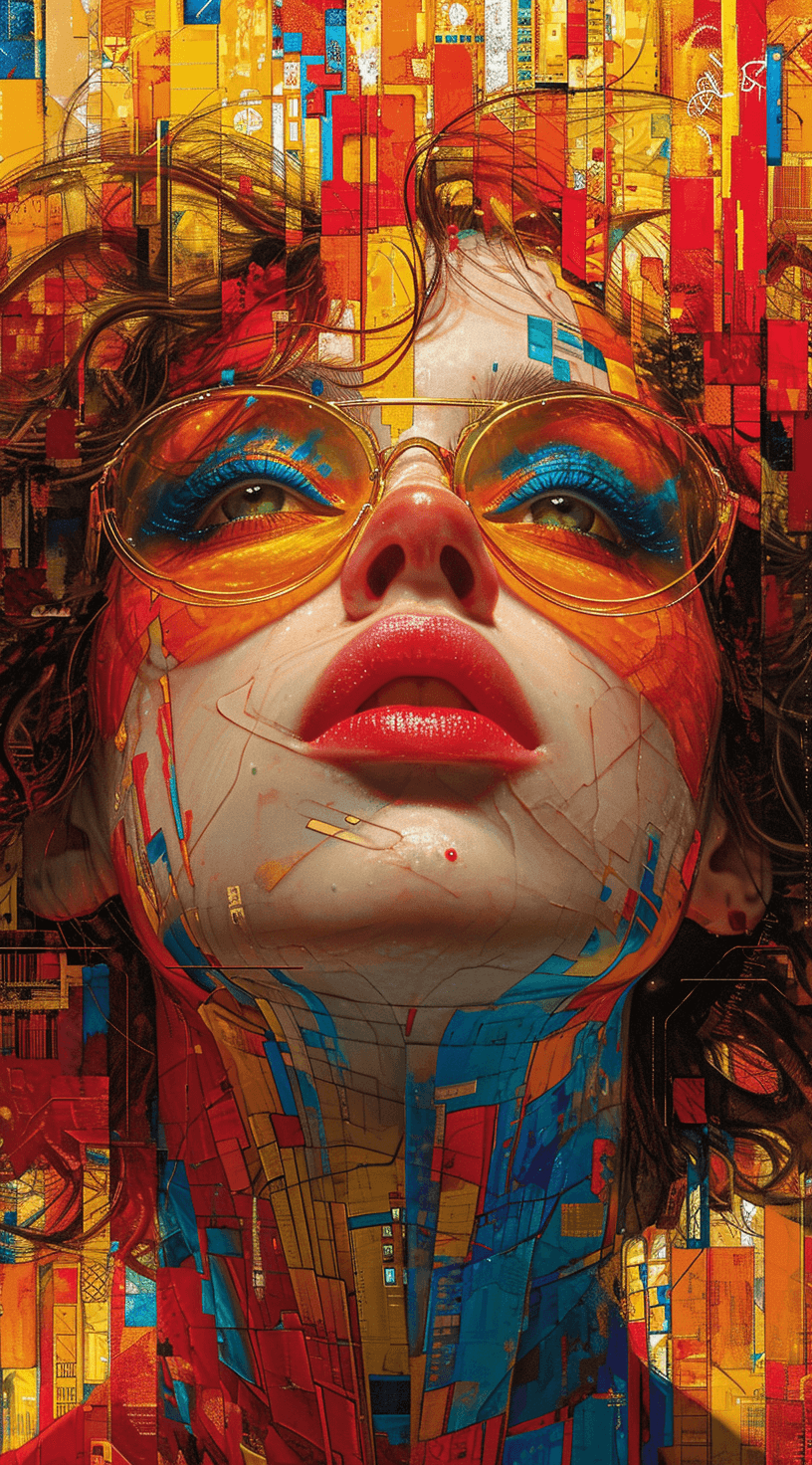 AI generated: a painting of a girl with bright colors on her face, in the style of complex lines, detailed anatomy...