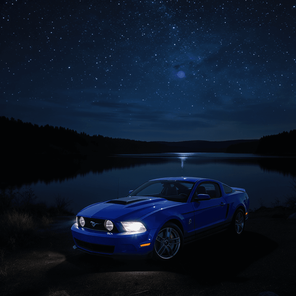 AI generated: A blue 2009 Ford mustang, parked by a quite lake at night, headlights on, a small moon glows high in...