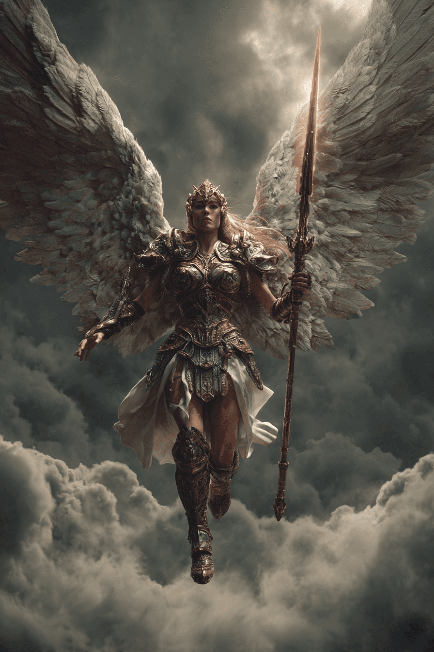 AI generated: imposing valkyrie warrior with wings spread wide, holding a glowing spear, set on a stormy battlefie...